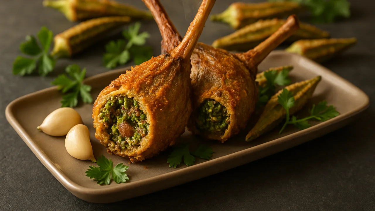 Okra gefüllt mit Lammkotelett und Kräutern aus dem Airfryer mit Okraschoten und Lammkotelett, auf dunklem Schiefer …