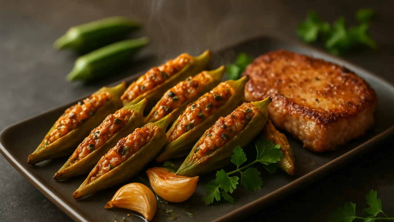 Okra gefüllt mit Schweinekotelett und Kräutern aus dem Airfryer mit Okra-Schoten und Schweinekotelett, auf dunklem Schiefer …