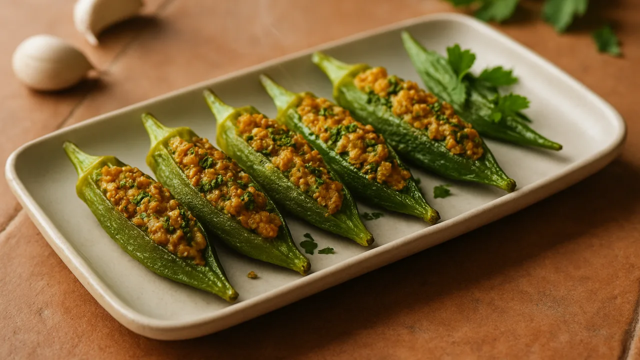 Okra gefüllt mit Tofu und Kräutern aus dem Airfryer mit Okraschoten und Tofu, auf Terracotta-Fliesen angerichtet.