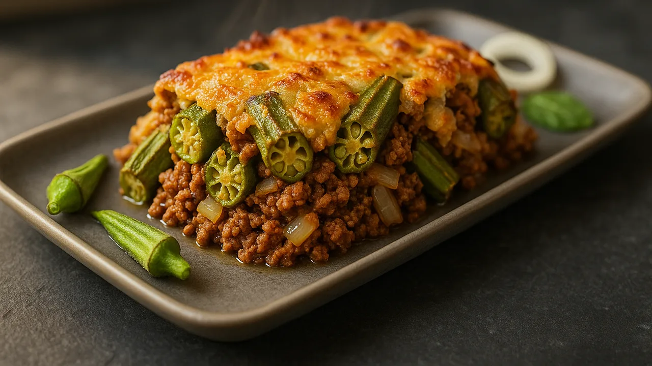 Okra-Veggie-Hack Auflauf aus dem Airfryer mit Veggie-Hack und Okra, auf dunklem Schiefer angerichtet.