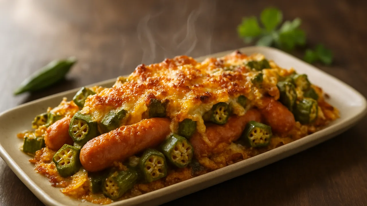 Okra-Wiener Würstchen-Auflauf aus dem Airfryer mit Wiener Würstchen und Okra, auf dunklem Walnussholz angerichtet.
