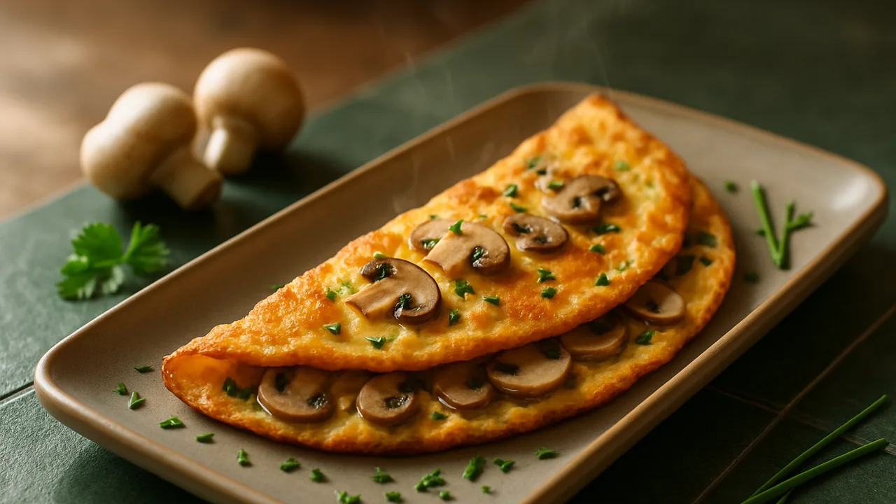Omelett mit Champignons und Kräutern aus dem Airfryer mit Eier und Champignons, auf dunkelgrünen Fliesen angerichtet.
