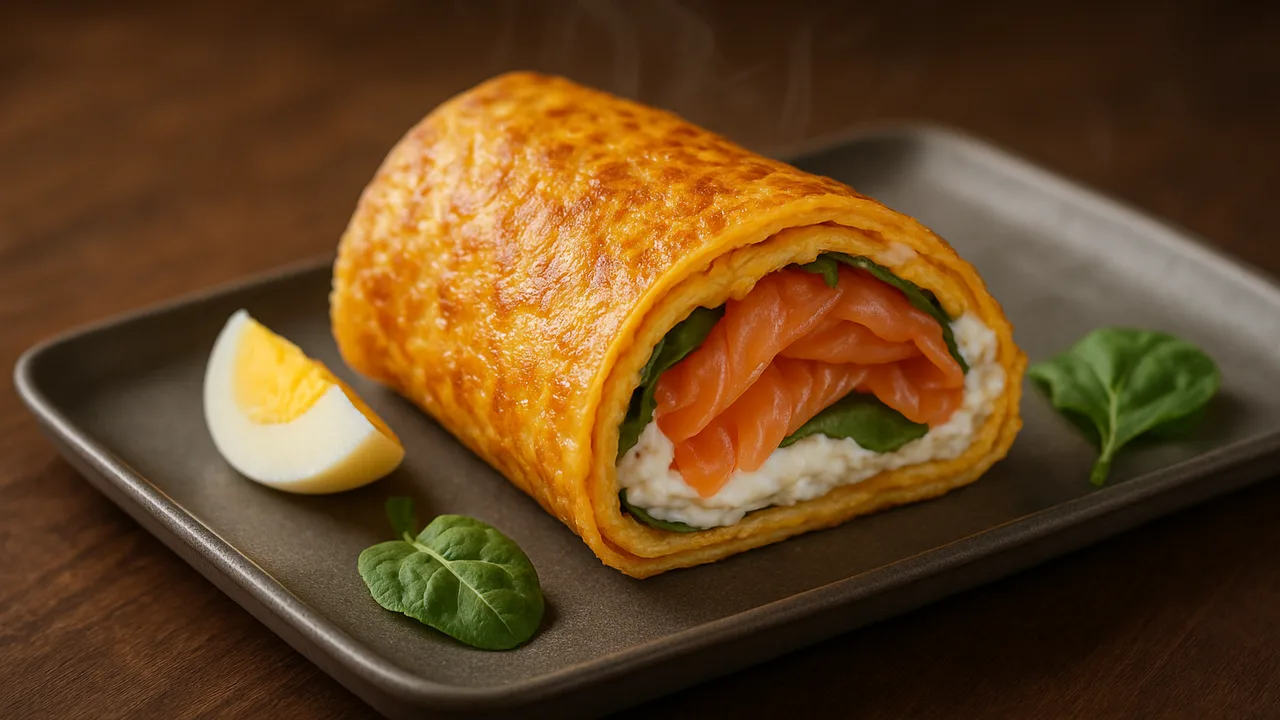 Omelett-Wrap mit Frischkäse und Lachs aus dem Airfryer mit Eier und Frischkäse, auf dunklem Walnussholz angerichtet.