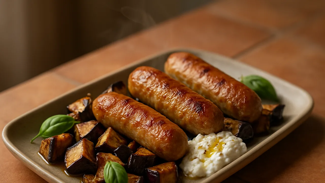 One-Pot Bratwurst mit Aubergine und Ricotta aus dem Airfryer mit Bratwurst und Aubergine, auf Terracotta-Fliesen angerichtet.