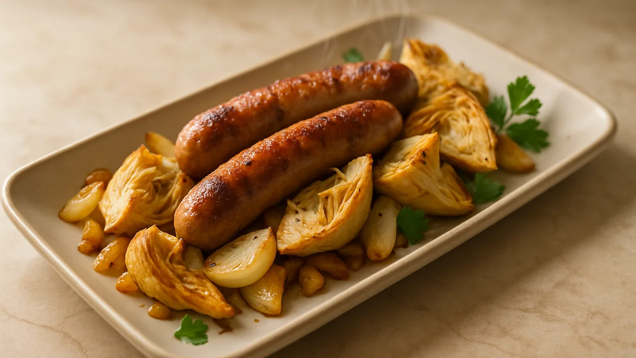 One-Pot Bratwurst mit Artischocke aus dem Airfryer mit Bratwurst und Artischockenherzen, auf beigem Marmor angerichtet.