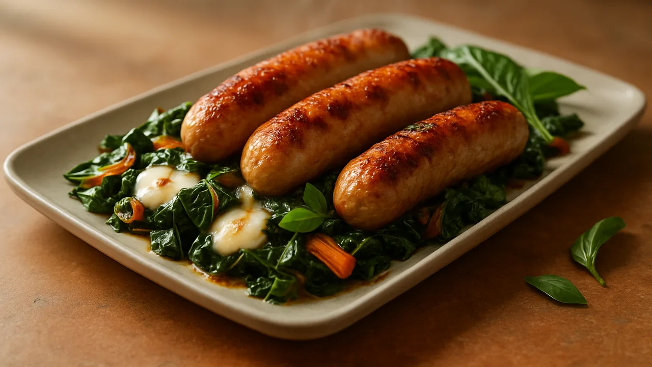 One-Pot Bratwurst mit Mangold und Mozzarella aus dem Airfryer mit Bratwurst und Mangold, auf Terracotta-Fliesen angerichtet.