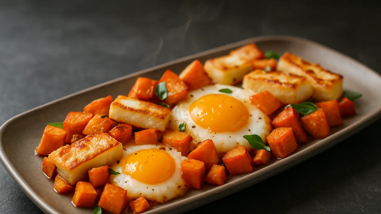 One-Pot Ei mit Süßkartoffel und Halloumi aus dem Airfryer mit Süßkartoffel und Halloumi, auf dunklem Schiefer angerichtet.