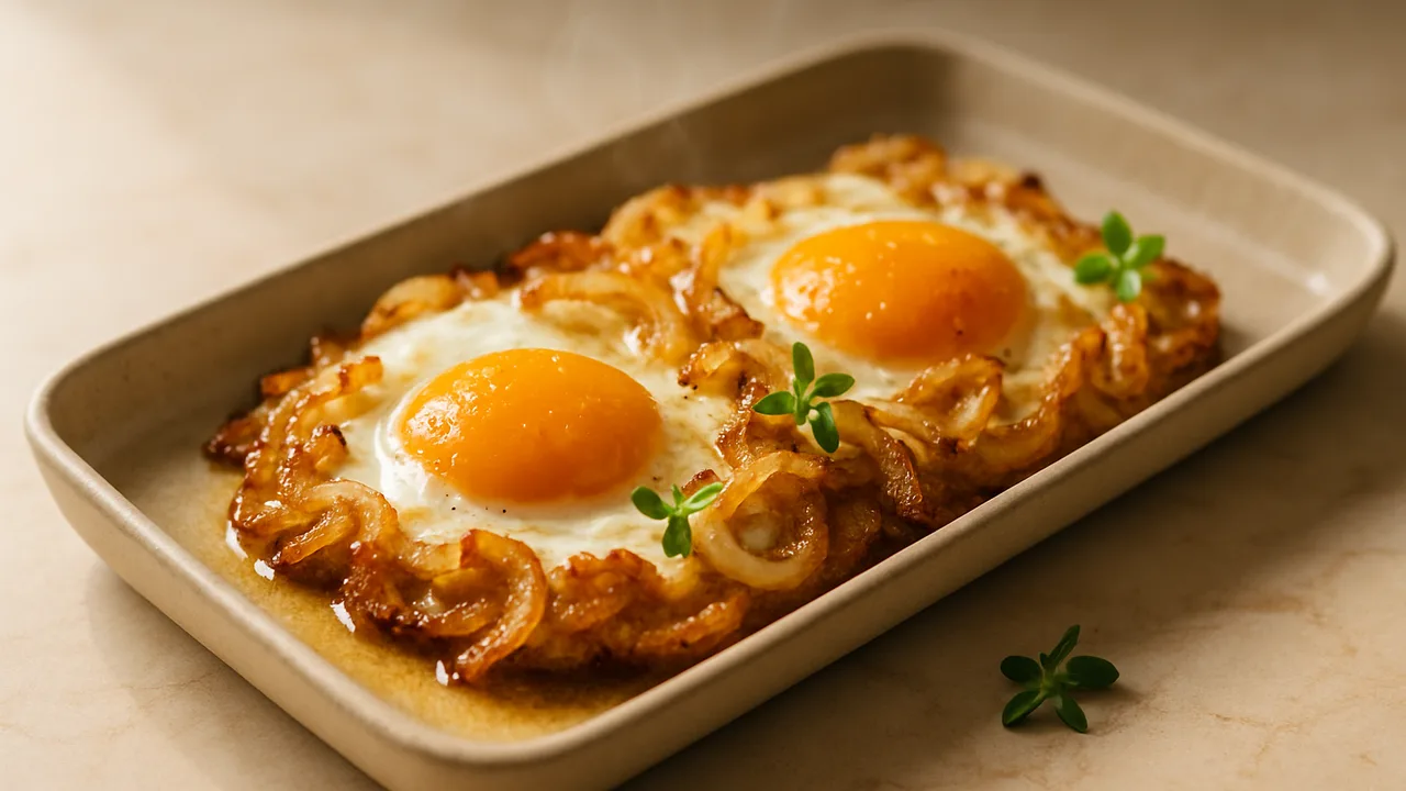One-Pot Ei mit Zwiebel aus dem Airfryer mit Eier und Zwiebeln, auf beigem Marmor angerichtet.