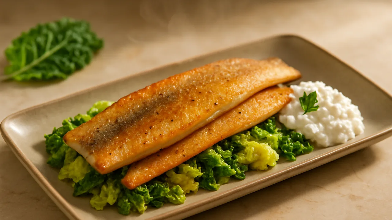 One-Pot Forelle mit Wirsing und Hüttenkäse aus dem Airfryer mit Forellenfilets und Wirsing, auf beigem Marmor angerichtet.