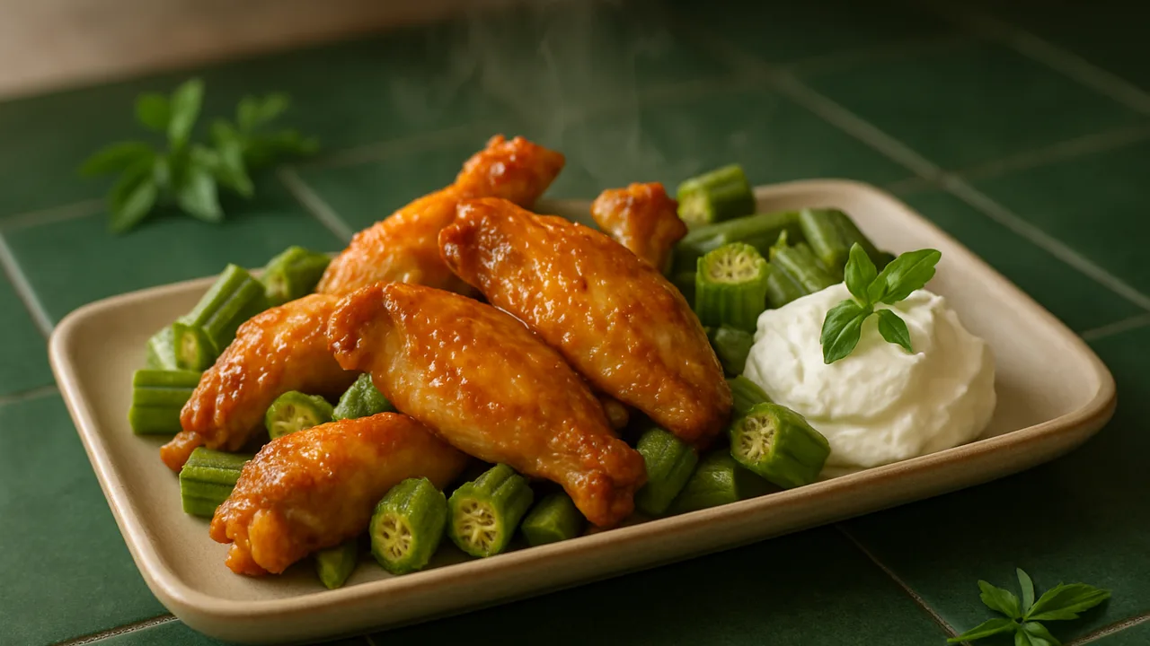 One-Pot Hähnchenflügel mit Okra und Frischkäse aus dem Airfryer mit Hähnchenflügel und Okra, auf dunkelgrünen Fliesen …