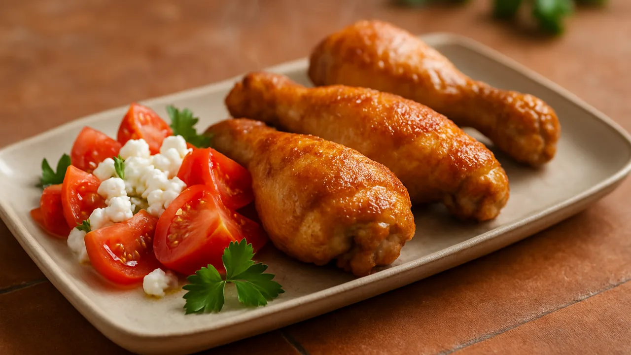 One-Pot Hähnchenschenkel mit Tomate und Hüttenkäse aus dem Airfryer mit Hähnchenschenkel und Tomaten, auf …