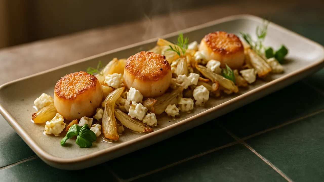 One-Pot Jakobsmuscheln mit Fenchel aus dem Airfryer mit Jakobsmuscheln und Fenchelknolle, auf dunkelgrünen Fliesen …