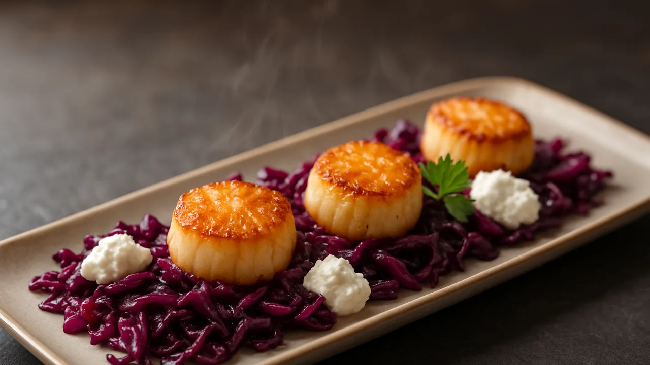 One-Pot Jakobsmuscheln mit Rotkohl und Ricotta aus dem Airfryer mit Jakobsmuscheln und Rotkohl, auf dunklem Schiefer …