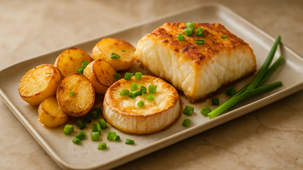 One-Pot Kabeljau mit Frühlingszwiebel und Camembert aus dem Airfryer mit Kabeljaufilet und Kartoffeln, auf beigem Marmor …