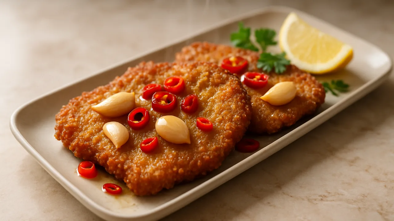 One-Pot Kalbsschnitzel mit Chili aus dem Airfryer mit Kalbsschnitzel und Knoblauchzehen, auf beigem Marmor angerichtet.