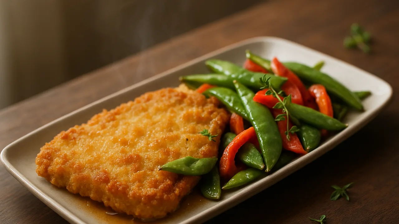 One-Pot Kalbsschnitzel mit Zuckerschoten aus dem Airfryer mit Kalbsschnitzel und Zuckerschoten, auf dunklem Walnussholz …