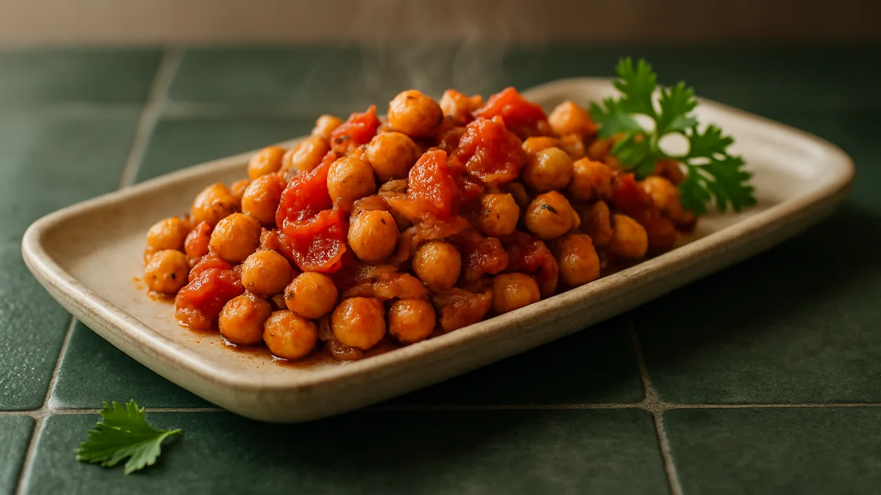 One-Pot Kichererbsen mit Tomate aus dem Airfryer mit Kichererbsen und Tomaten, auf dunkelgrünen Fliesen angerichtet.