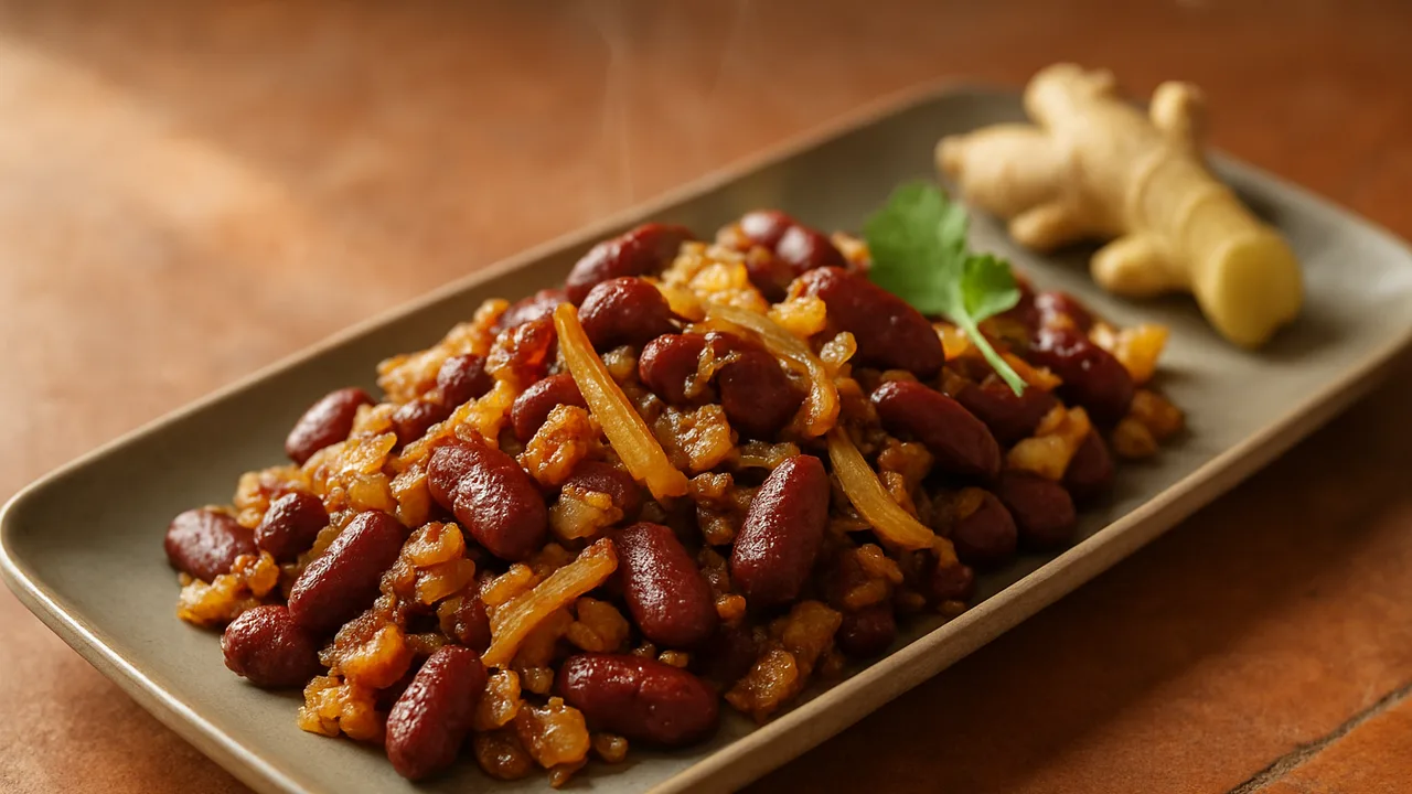 One-Pot Kidneybohnen mit Ingwer aus dem Airfryer mit Kidneybohnen und Ingwer, auf Terracotta-Fliesen angerichtet.