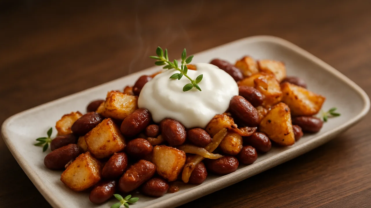 One-Pot Kidneybohnen mit Topinambur und Joghurt aus dem Airfryer mit Kidneybohnen und Topinambur, auf dunklem Walnussholz …