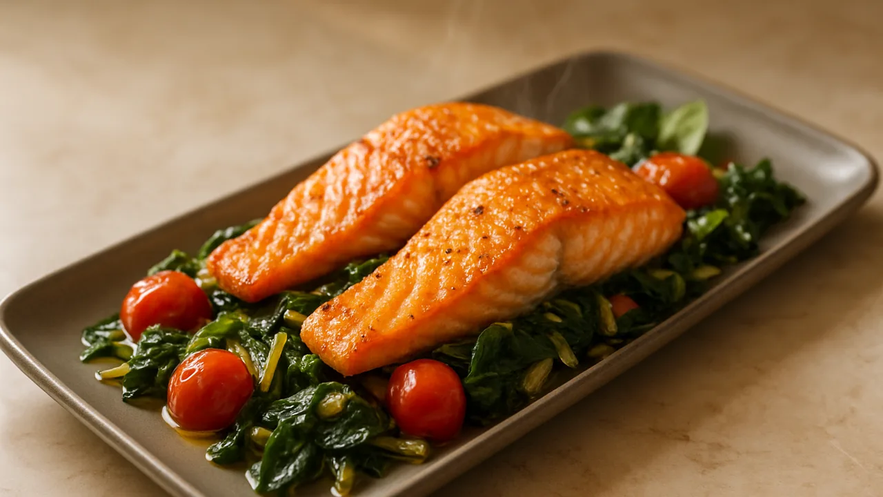 One-Pot Lachs mit Mangold aus dem Airfryer mit Lachsfilets und Mangold, auf beigem Marmor angerichtet.