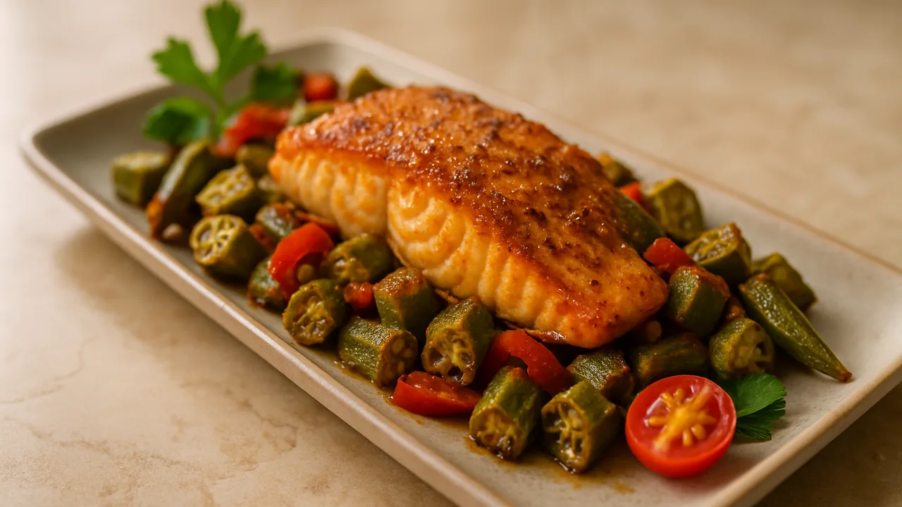 One-Pot Lachs mit Okra aus dem Airfryer mit Lachsfilet und Okra, auf beigem Marmor angerichtet.