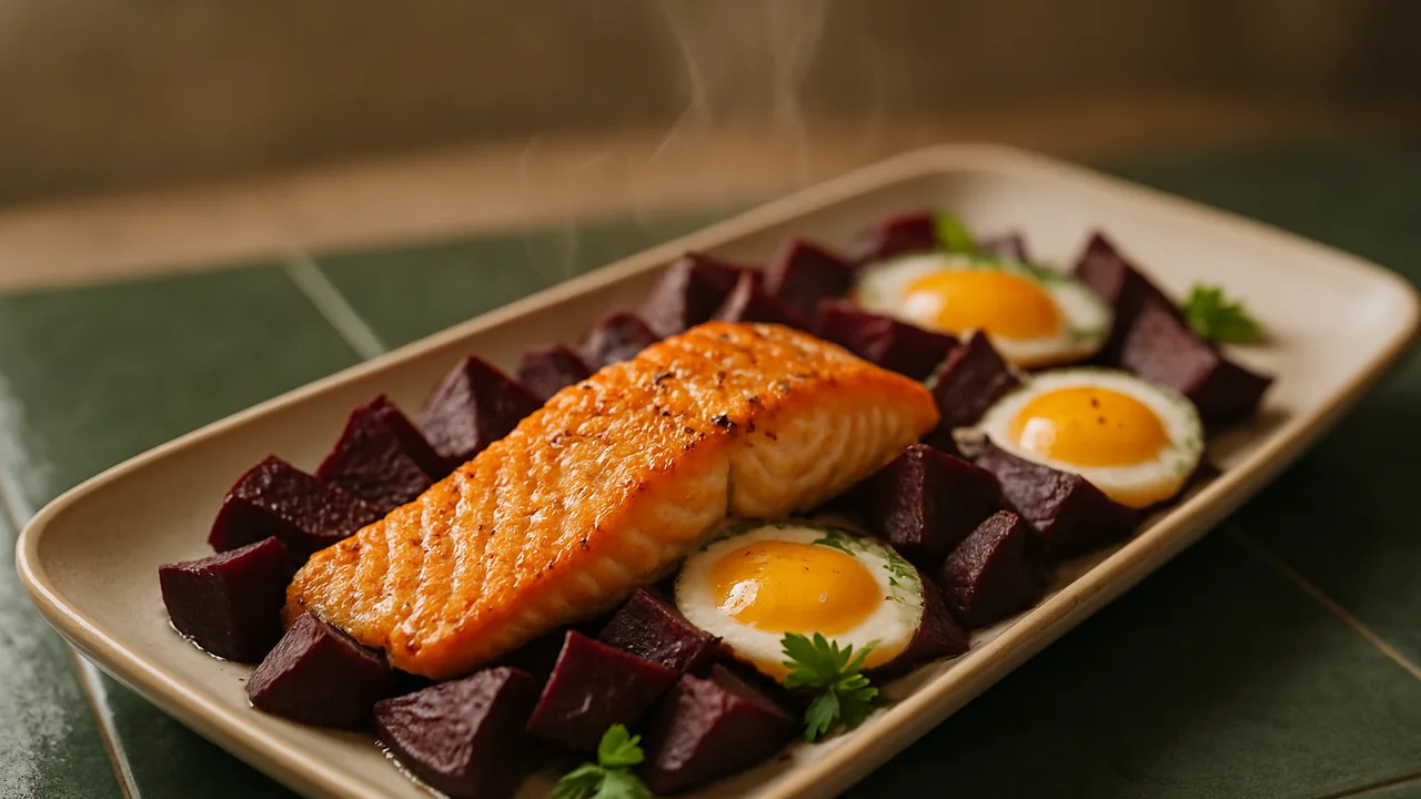 One-Pot Lachs mit Rote Bete und Ei aus dem Airfryer mit Lachsfilet und Rote Bete, auf dunkelgrünen Fliesen angerichtet.