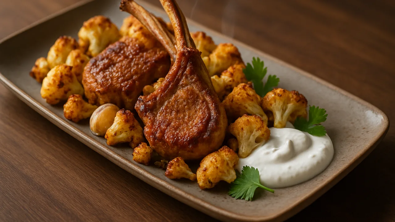 One-Pot Lammkotelett mit Blumenkohl und Joghurt aus dem Airfryer mit Lammkoteletts und Blumenkohl, auf dunklem Walnussholz …
