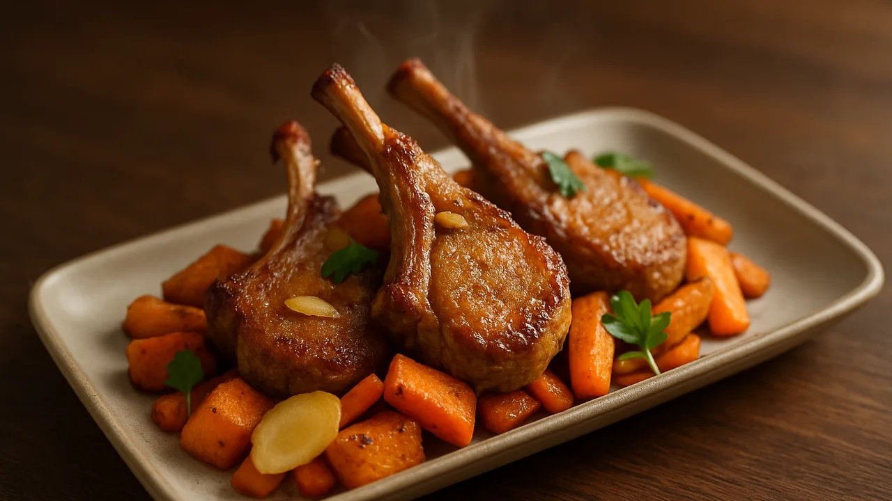 One-Pot Lammkotelett mit Ingwer aus dem Airfryer mit Lammkoteletts und Süßkartoffel, auf dunklem Walnussholz angerichtet.