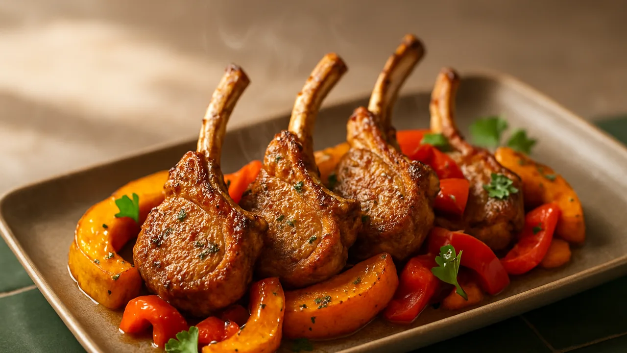 One-Pot Lammkotelett mit Kürbis aus dem Airfryer mit Lammkoteletts und Kürbis, auf dunkelgrünen Fliesen angerichtet.