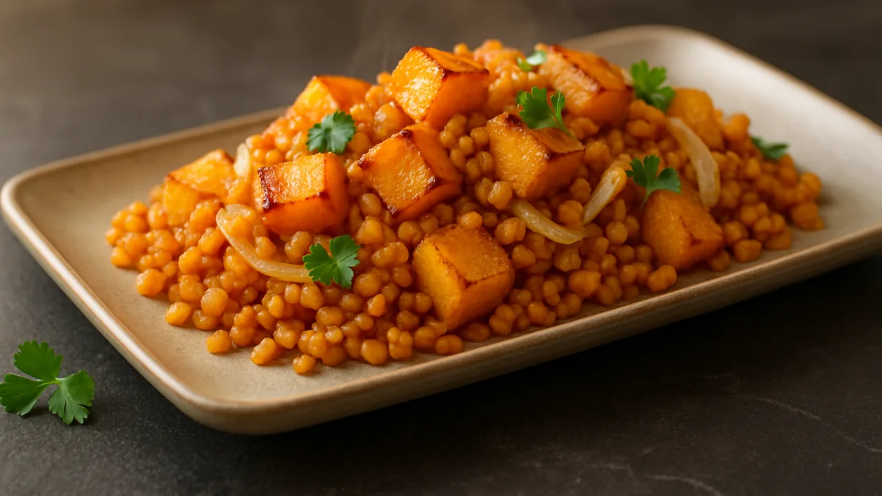 One-Pot Linsen mit Kürbis aus dem Airfryer mit rote Linsen und Kürbis, auf dunklem Schiefer angerichtet.