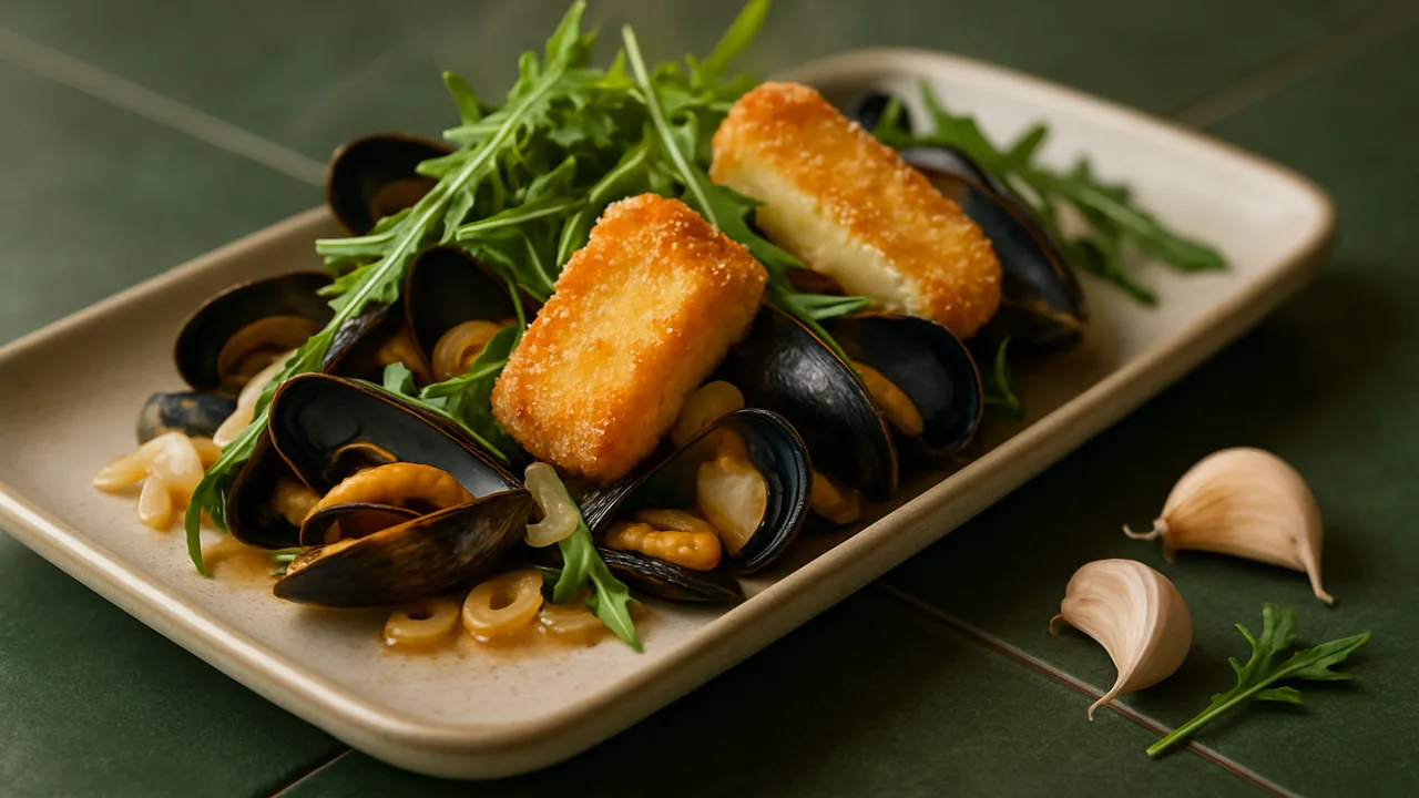 One-Pot Miesmuscheln mit Rucola und Camembert aus dem Airfryer mit Miesmuscheln und Zwiebel, auf dunkelgrünen Fliesen …