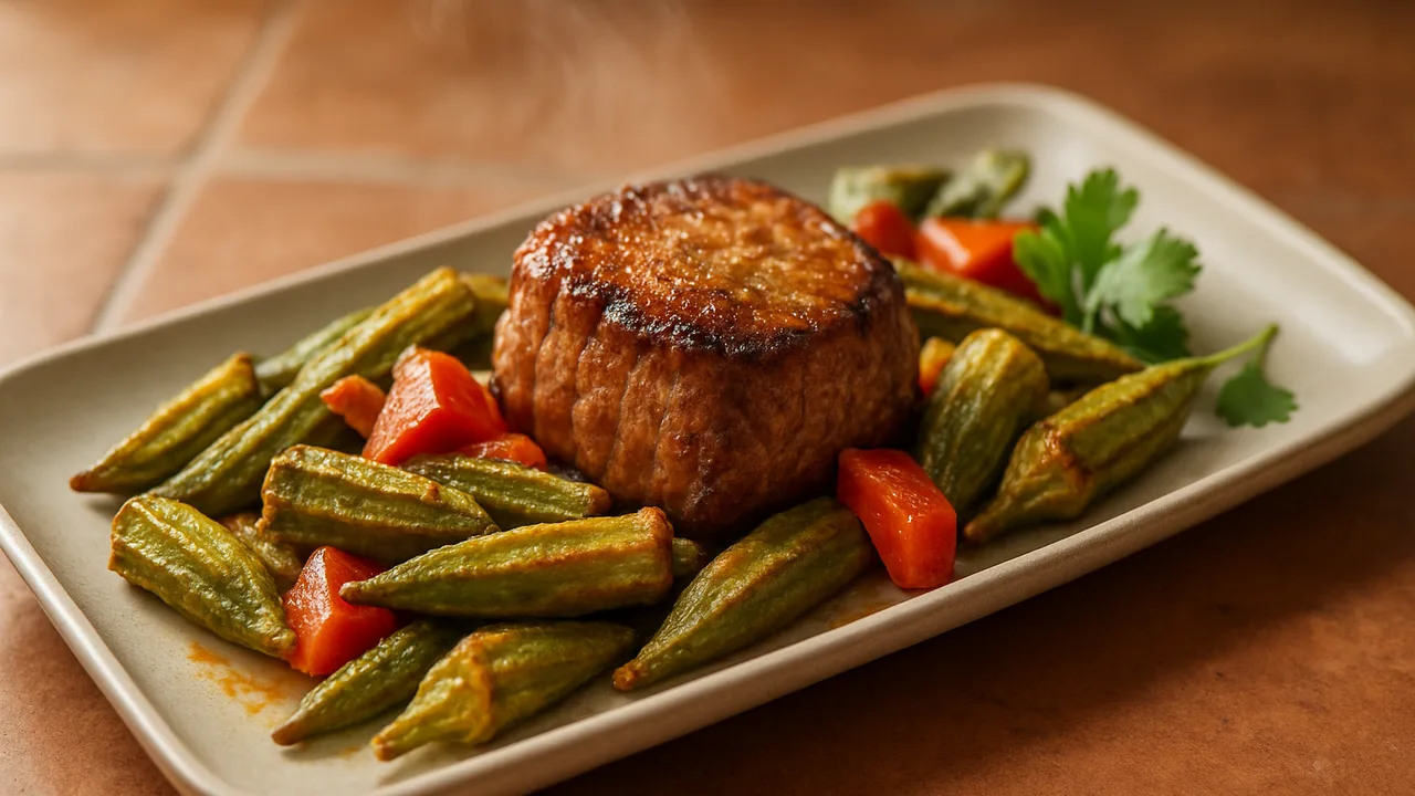 One-Pot Rinderfilet mit Okra aus dem Airfryer mit Rinderfilet und Okra, auf Terracotta-Fliesen angerichtet.
