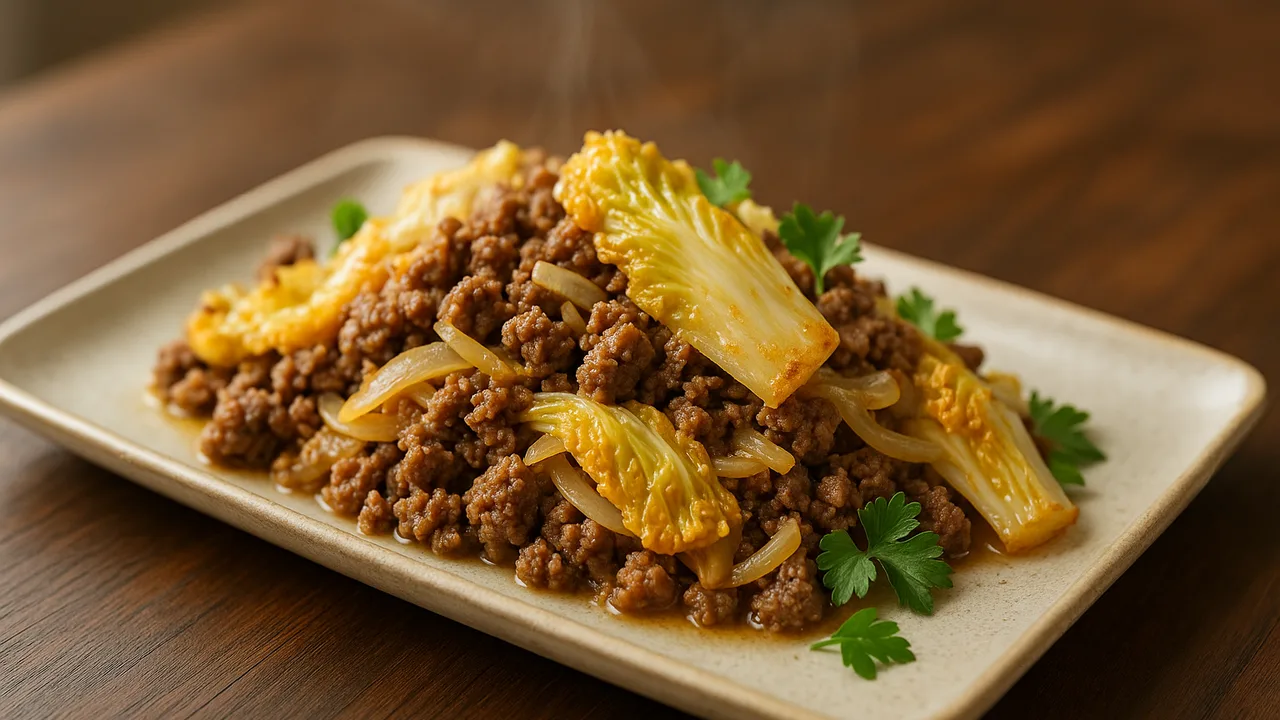 One-Pot Rinderhackfleisch mit Chinakohl aus dem Airfryer mit Rinderhackfleisch und Chinakohl, auf dunklem Walnussholz …