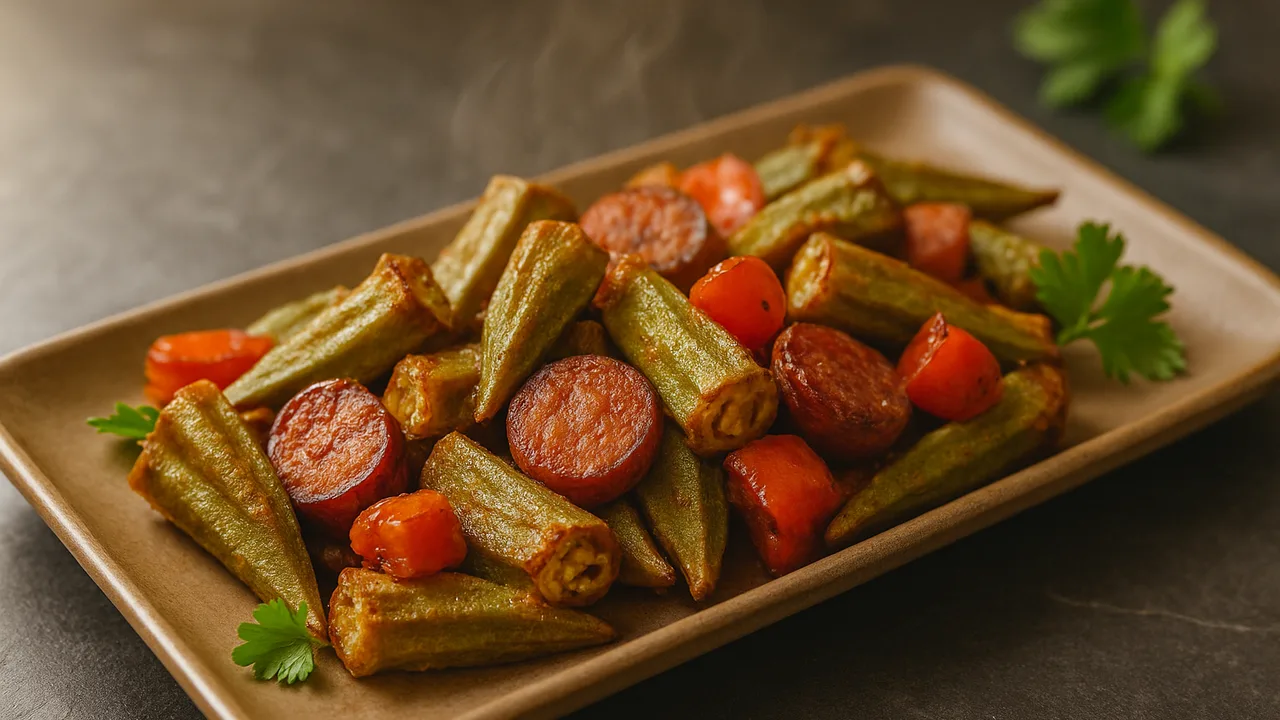 One-Pot Salami mit Okra aus dem Airfryer mit Salami und Okra, auf dunklem Schiefer angerichtet.