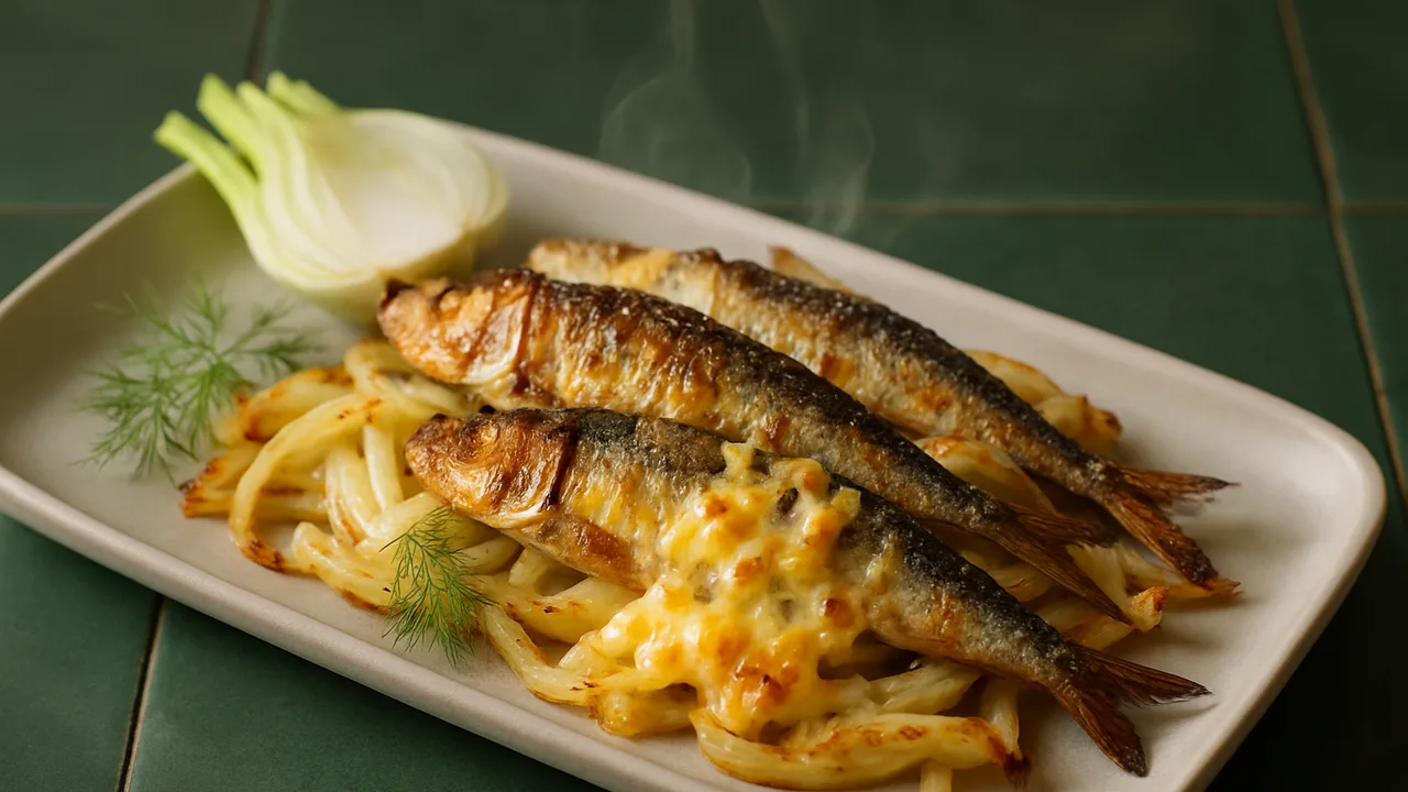 One-Pot Sardinen mit Fenchel und Emmentaler aus dem Airfryer mit frische Sardinen und Fenchelknolle, auf dunkelgrünen …