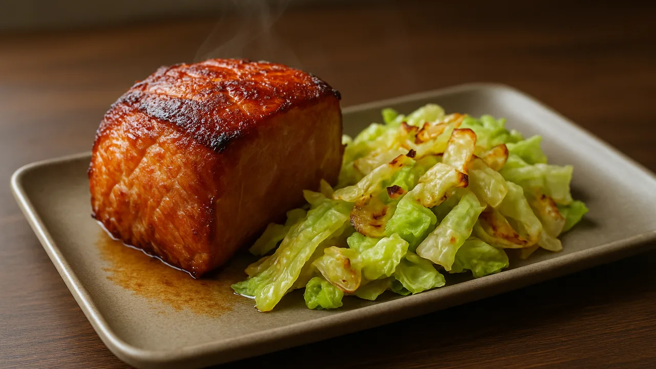 One-Pot Schinken mit Eisbergsalat (BBQ-Style) aus dem Airfryer mit Schinken (am Stück) und Eisbergsalat, auf dunklem …
