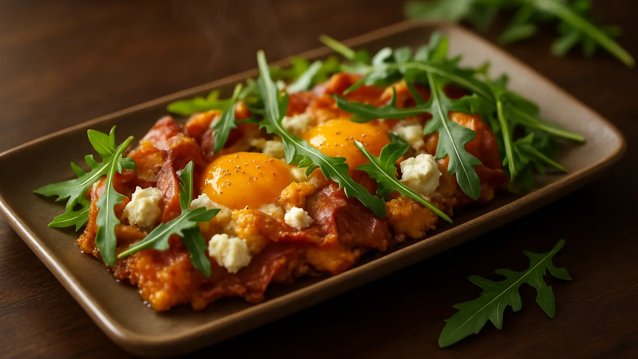 One-Pot Schinken mit Rucola aus dem Airfryer mit Schinken und Eier, auf dunklem Walnussholz angerichtet.