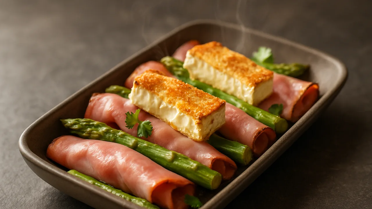 One-Pot Schinken mit Spargel und Camembert aus dem Airfryer mit gekochter Schinken und grüner Spargel, auf dunklem Schiefer …