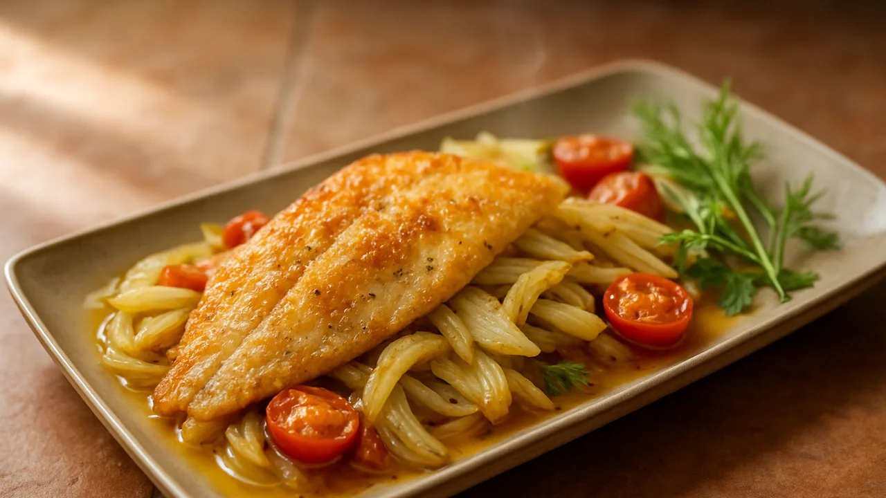 One-Pot Scholle mit Fenchel aus dem Airfryer mit Schollenfilets und Fenchel, auf Terracotta-Fliesen angerichtet.
