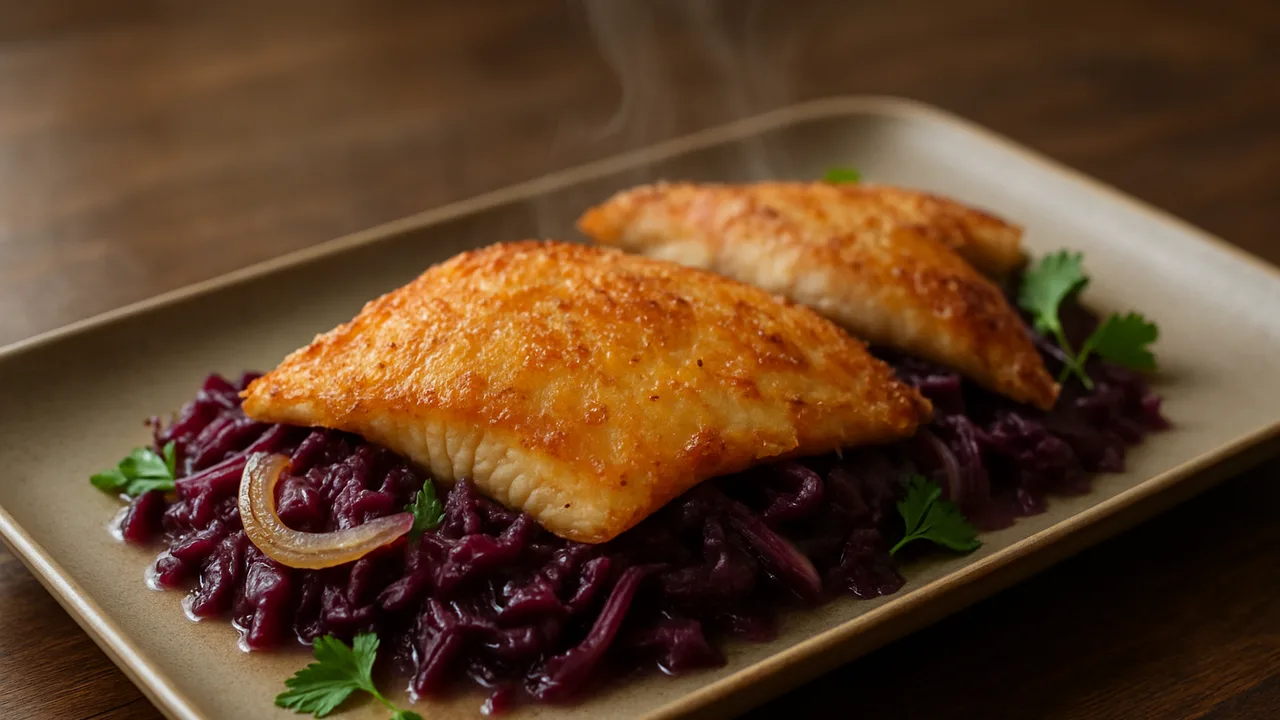 One-Pot Scholle mit Rotkohl aus dem Airfryer mit Scholle Filets und Rotkohl, auf dunklem Walnussholz angerichtet.