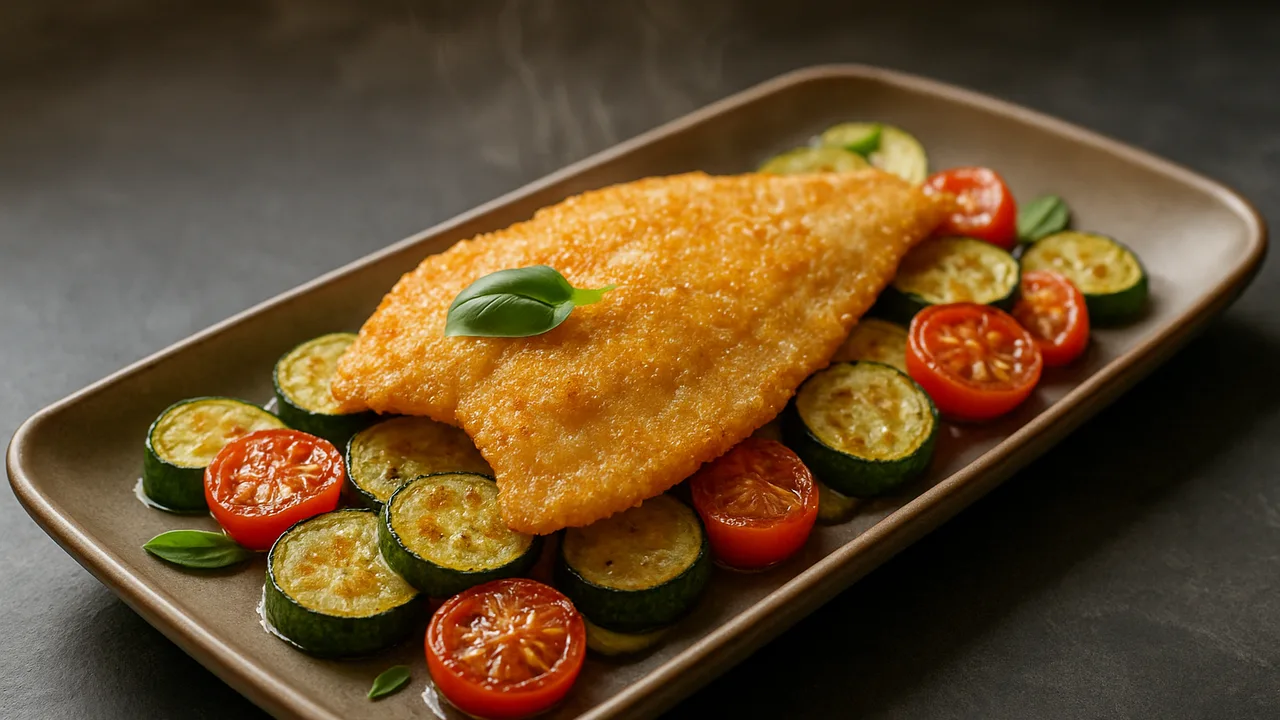 One-Pot Scholle mit Zucchini aus dem Airfryer mit Schollenfilet und Zucchini, auf dunklem Schiefer angerichtet.