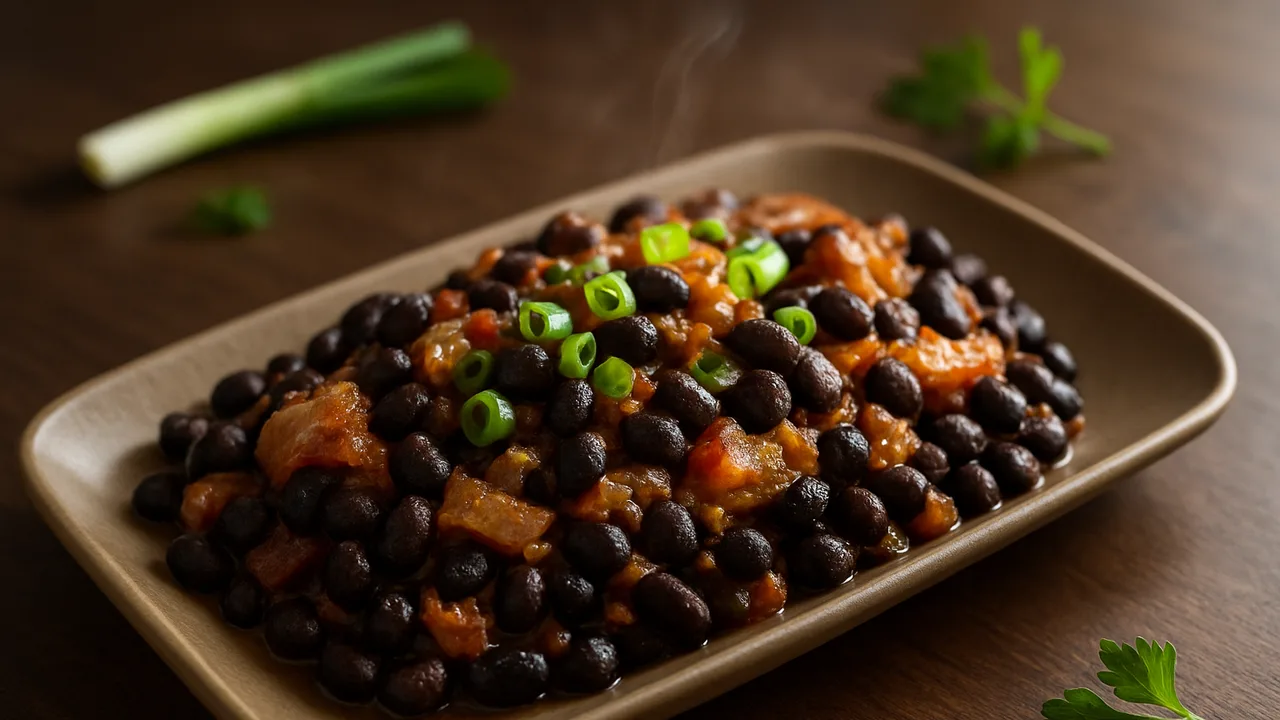 One-Pot Schwarze Bohnen mit Frühlingszwiebel aus dem Airfryer mit schwarze Bohnen und Tomaten, auf dunklem Walnussholz …