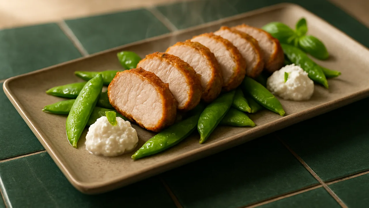 One-Pot Schweinefilet mit Zuckerschoten und Ricotta aus dem Airfryer mit Schweinefilet und Zuckerschoten, auf dunkelgrünen …