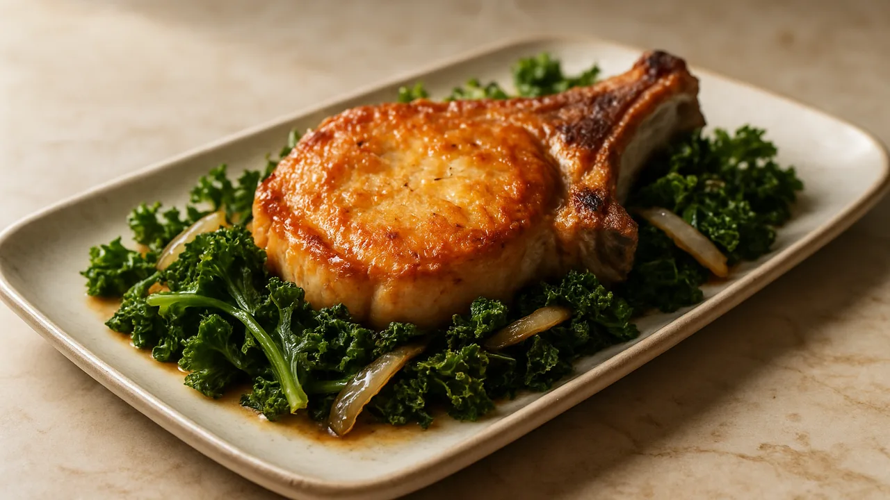One-Pot Schweinekotelett mit Grünkohl aus dem Airfryer mit Schweinekotelett und Grünkohl, auf beigem Marmor angerichtet.
