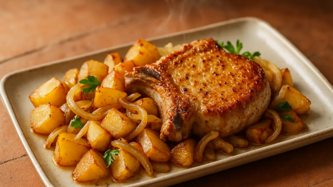 One-Pot Schweinekotelett mit Zwiebel aus dem Airfryer mit Schweinekotelett und Kartoffeln, auf Terracotta-Fliesen …