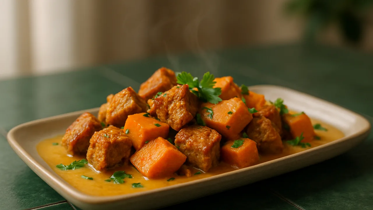 One-Pot Seitan mit Süßkartoffel aus dem Airfryer mit Seitan und Süßkartoffel, auf dunkelgrünen Fliesen angerichtet.