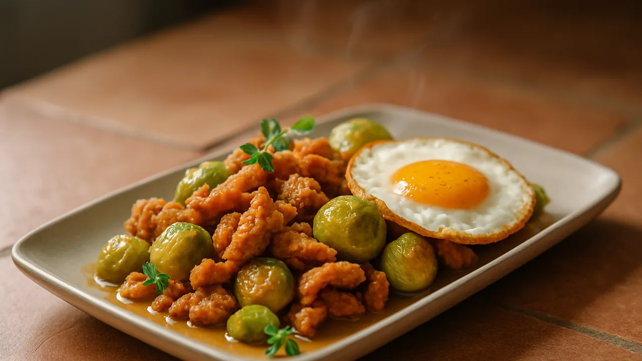One-Pot Sojaschnetzel mit Rosenkohl und Ei aus dem Airfryer mit Sojaschnetzel und Gemüsebrühe, auf Terracotta-Fliesen …