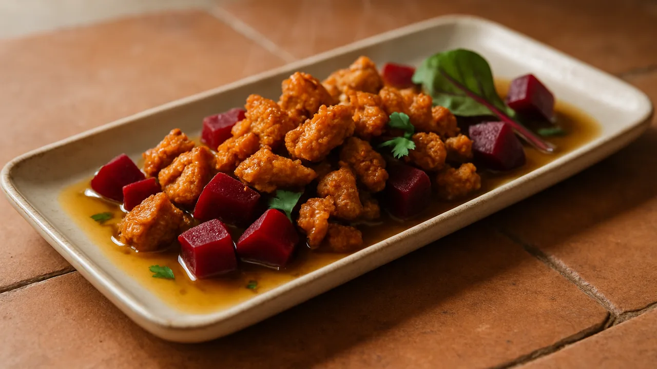 One-Pot Sojaschnetzel mit Rote Bete aus dem Airfryer mit Sojaschnetzel und Gemüsebrühe, auf Terracotta-Fliesen angerichtet.