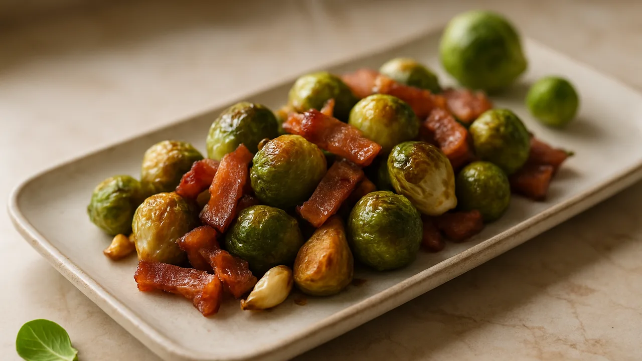One-Pot Speck mit Rosenkohl aus dem Airfryer mit Speck und Rosenkohl, auf beigem Marmor angerichtet.