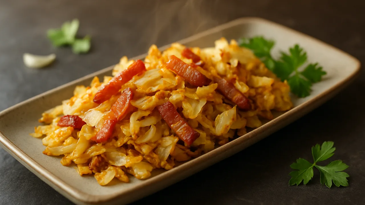 One-Pot Speck mit Weißkohl aus dem Airfryer mit Speck und Weißkohl, auf dunklem Schiefer angerichtet.